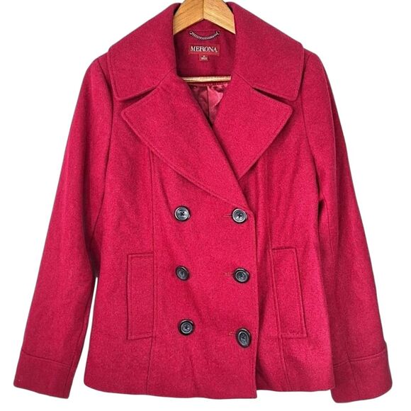 Merona Maroon Red Wool Double-Breasted Lined Winter Blazer Pea Coat Pockets Sz M - Picture 4 of 10